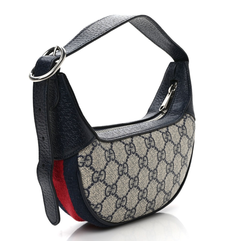 GG Supreme Monogram Textured Dollar Calfskin Web Mini Ophidia Half Moon Hobo Beige Blue