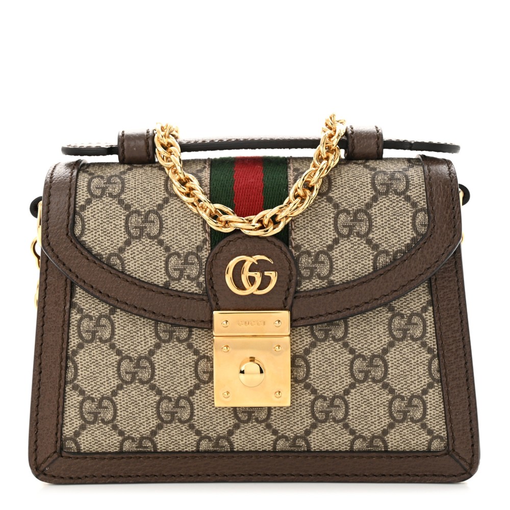 GG Supreme Monogram Textured Dollar Calfskin Web Mini Ophidia Padlock Top Handle Chain Shoulder Bag Beige Ebony New Acero