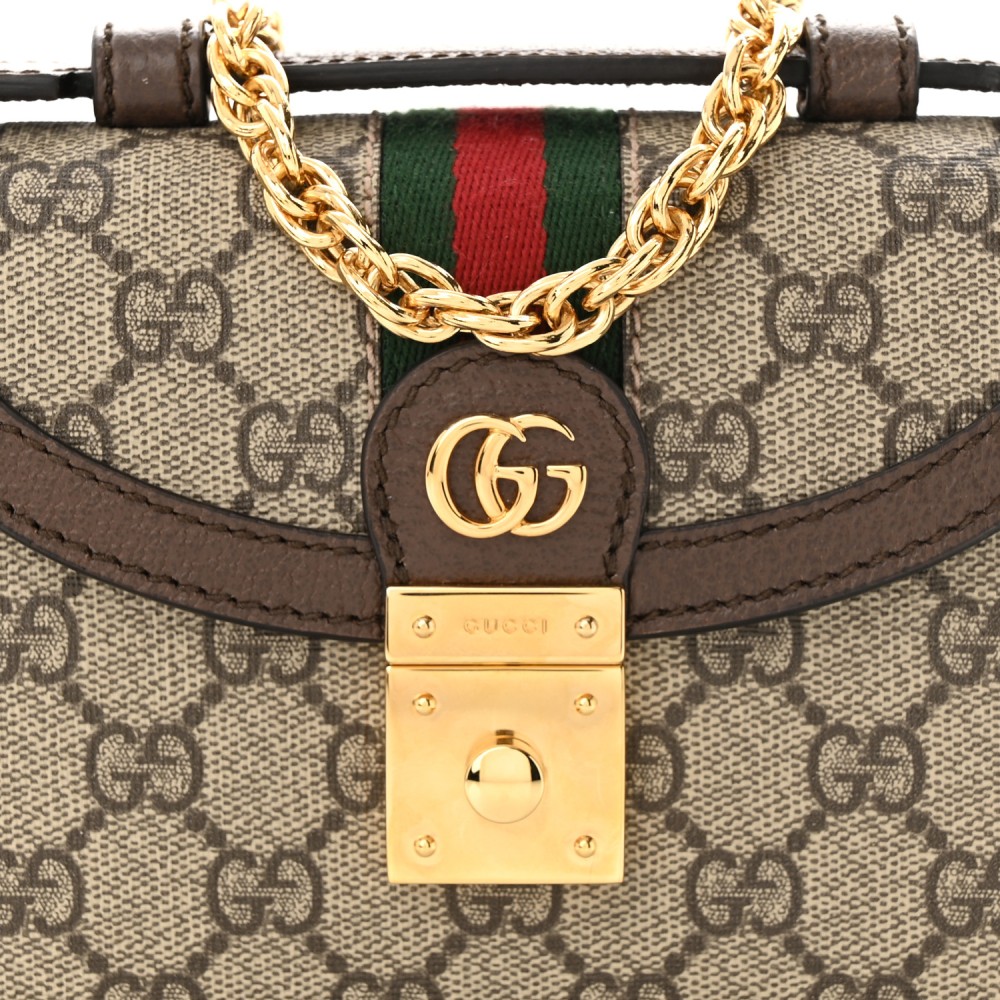 GG Supreme Monogram Textured Dollar Calfskin Web Mini Ophidia Padlock Top Handle Chain Shoulder Bag Beige Ebony New Acero