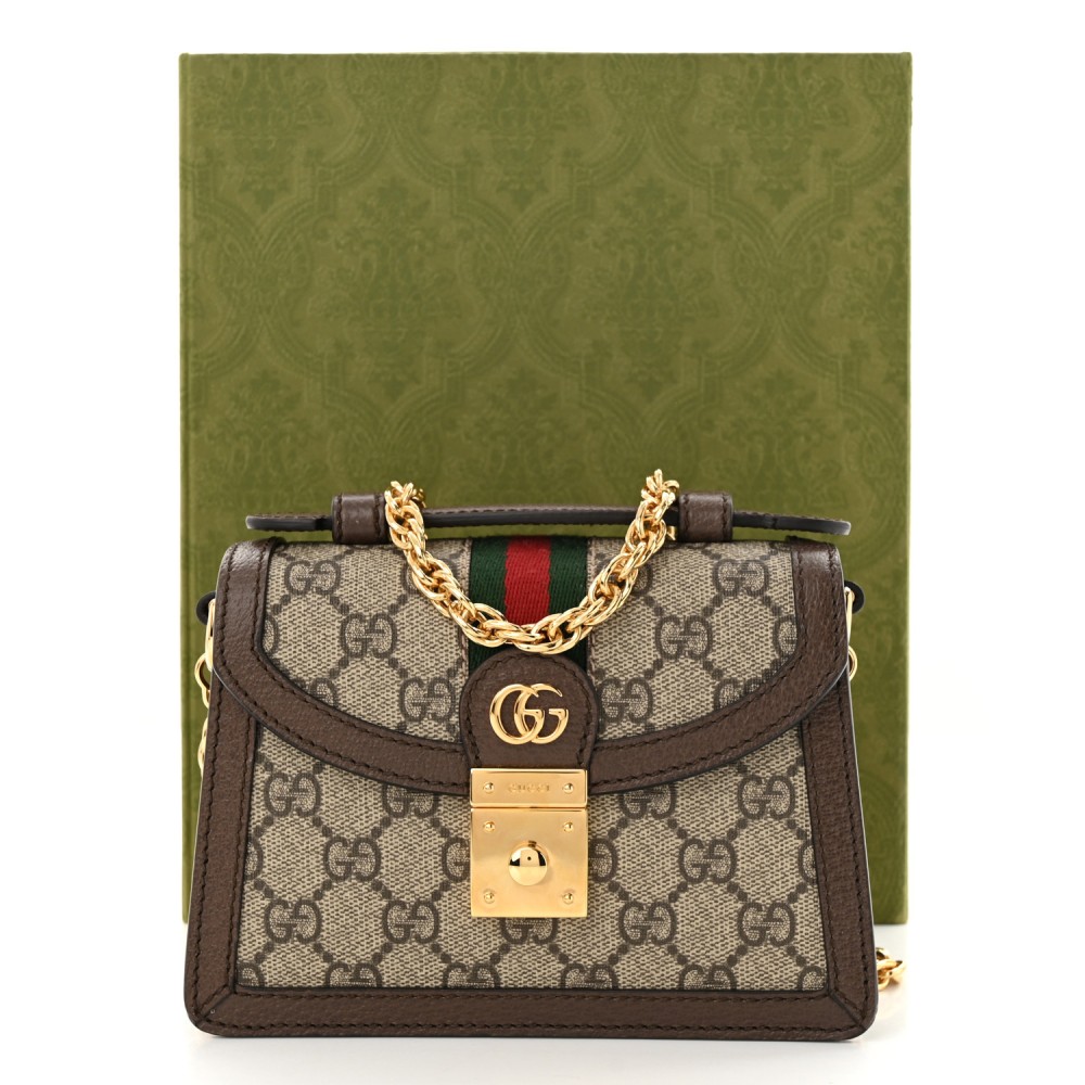 GG Supreme Monogram Textured Dollar Calfskin Web Mini Ophidia Padlock Top Handle Chain Shoulder Bag Beige Ebony New Acero