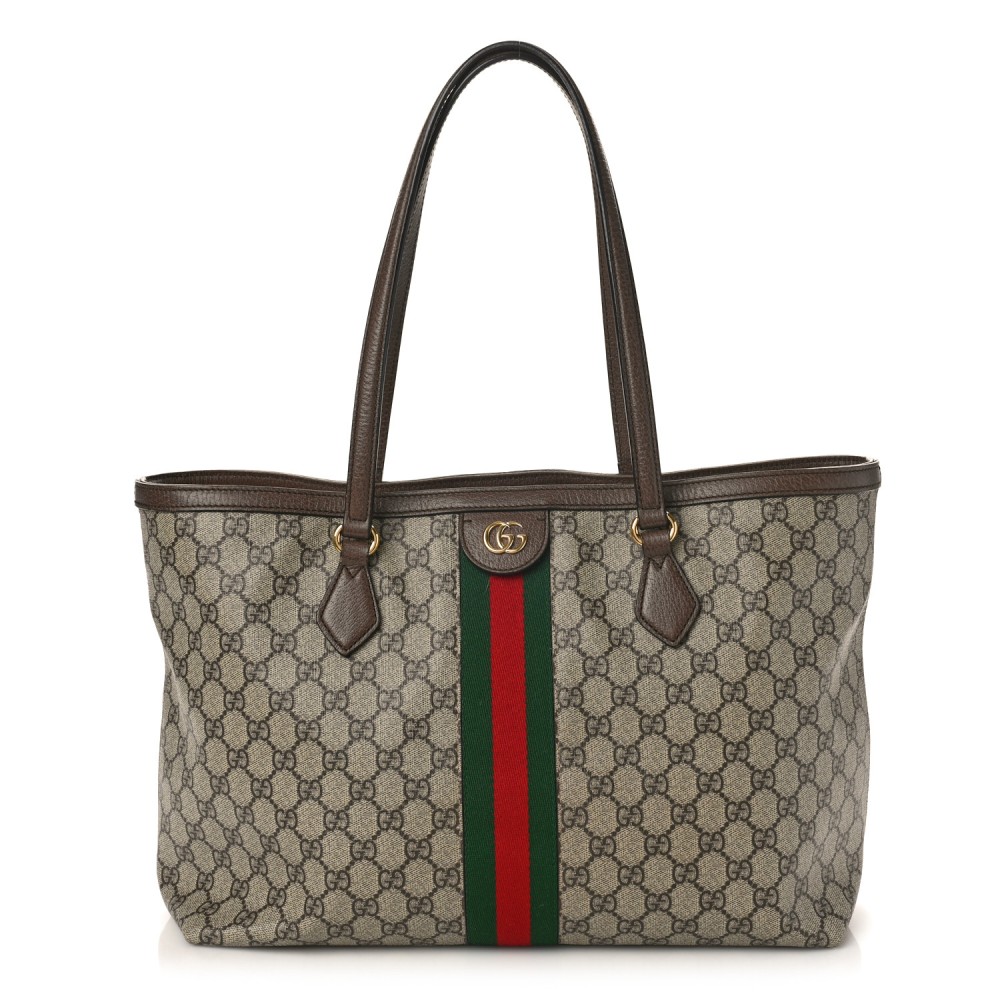 GG Supreme Monogram Textured Calfskin Web Medium Ophidia Shopping Tote Beige Ebony New Acero