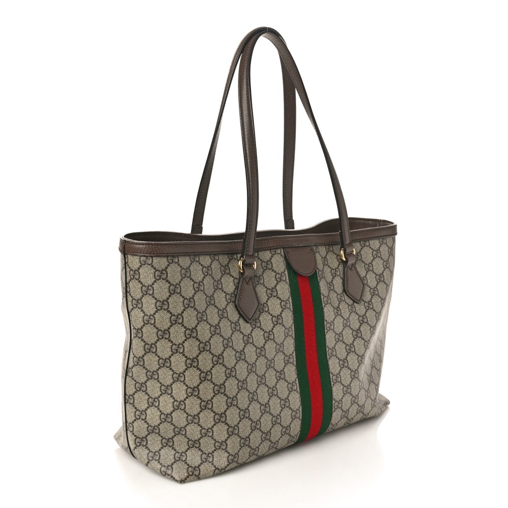 GG Supreme Monogram Textured Calfskin Web Medium Ophidia Shopping Tote Beige Ebony New Acero