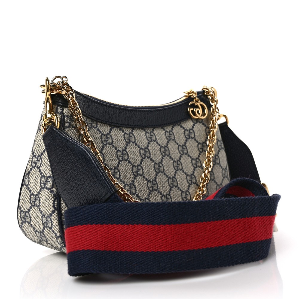 GG Supreme Monogram Textured Dollar Calfskin Web Small Ophidia GG Handbag Beige Blue