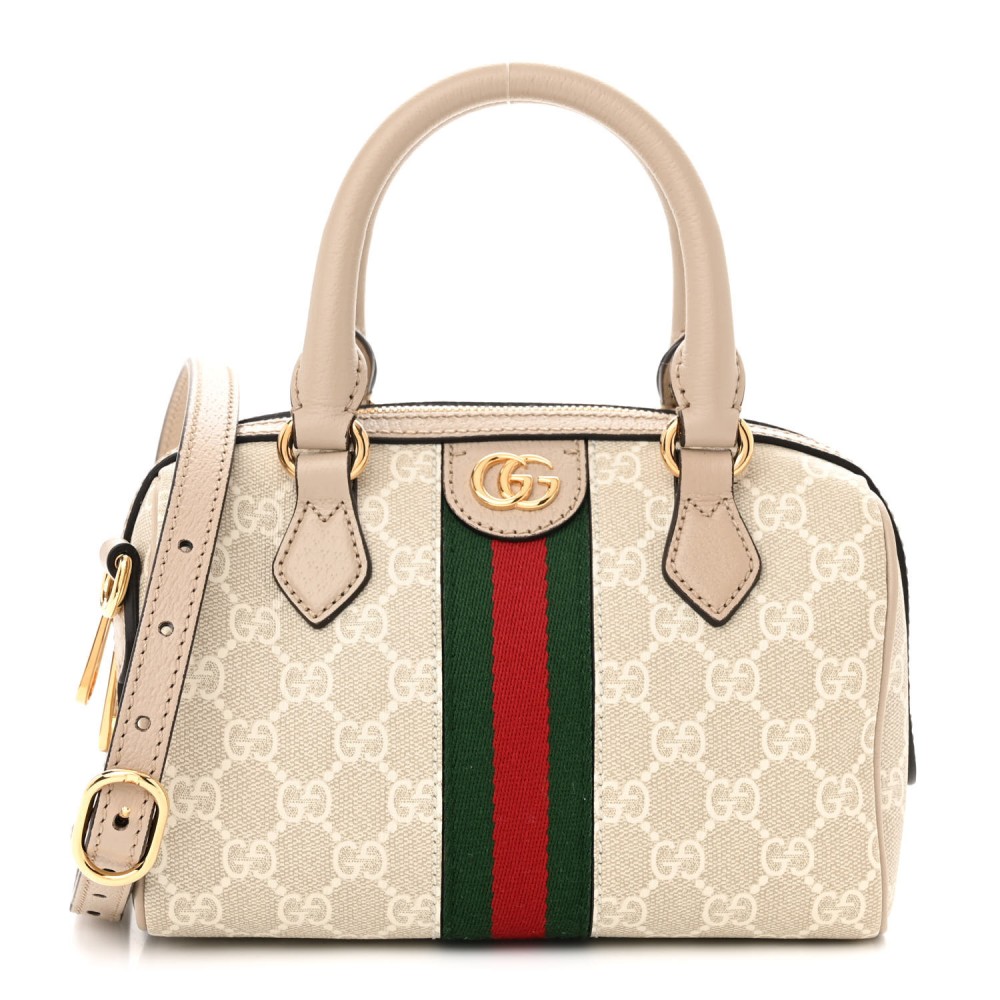 GG Supreme Monogram Textured Dollar Calfskin Web Ophidia Mini Top Handle Bag Beige Mystic White Oatmeal