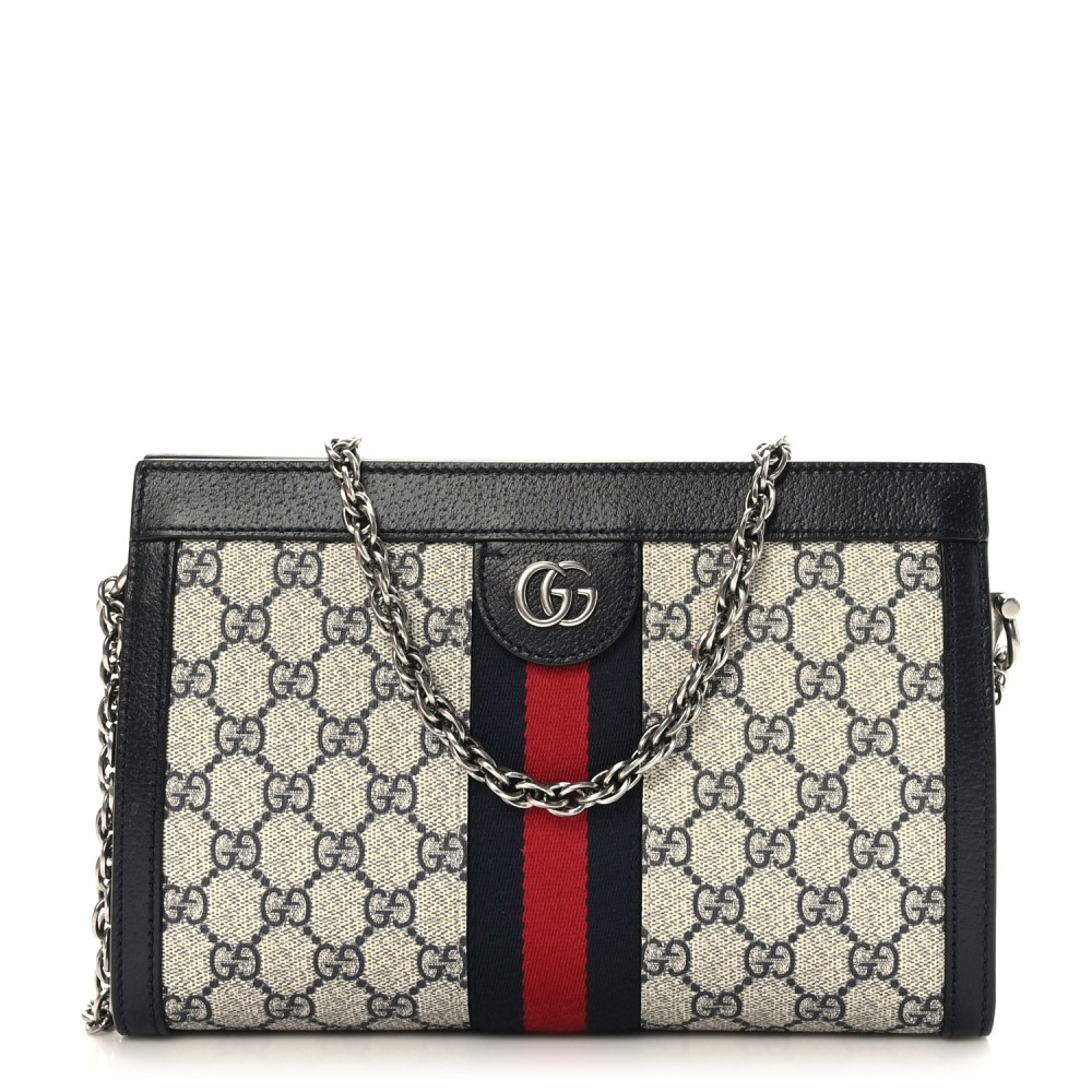 GG Supreme Monogram Textured Dollar Calfskin Web Small Ophidia Chain Shoulder Bag Beige Blue