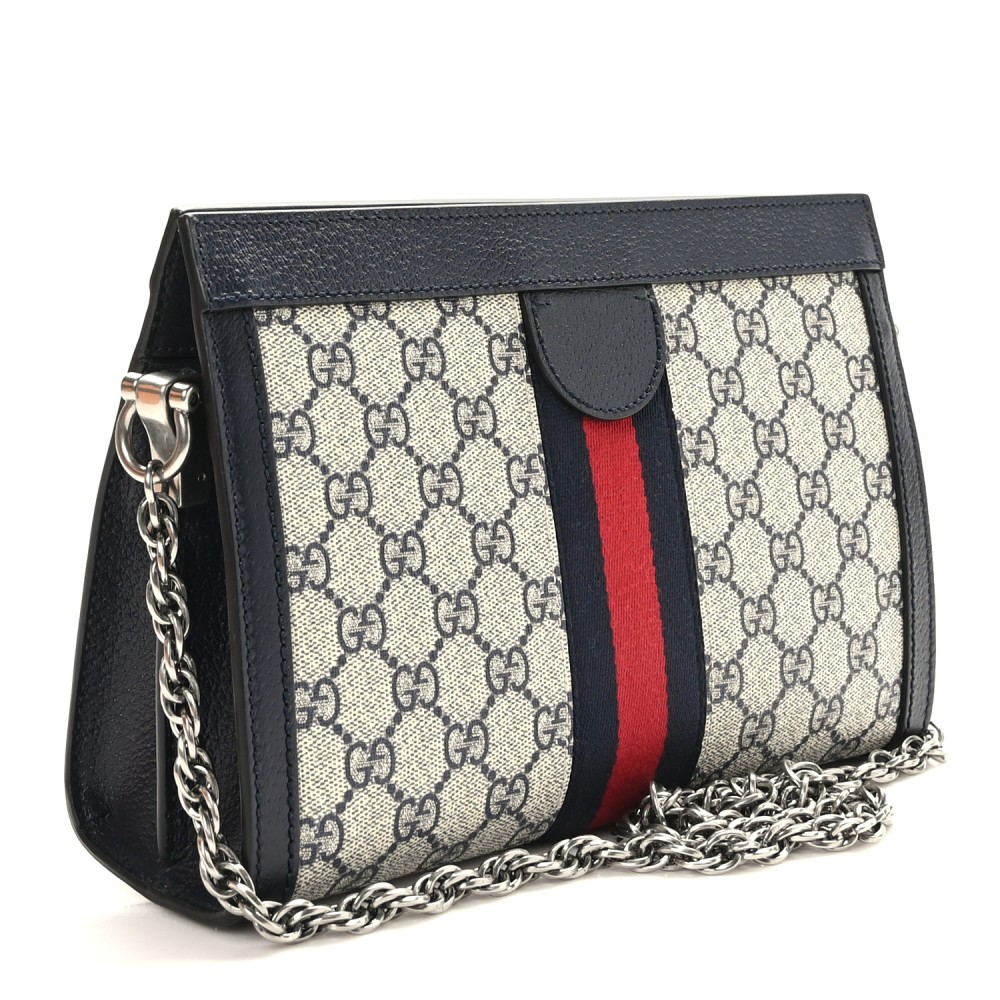 GG Supreme Monogram Textured Dollar Calfskin Web Small Ophidia Chain Shoulder Bag Beige Blue