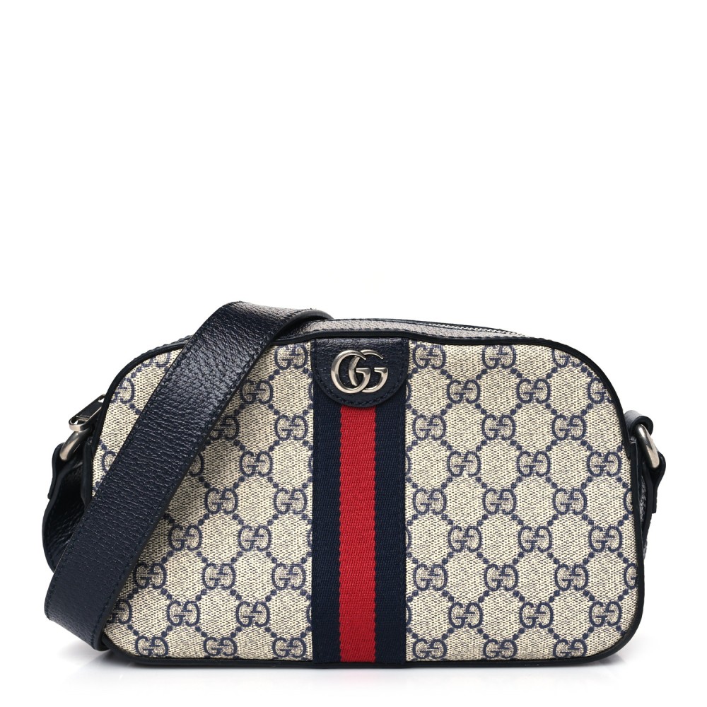 GG Supreme Monogram Textured Dollar Calfskin Web Small Ophidia Camera Bag Beige Blue