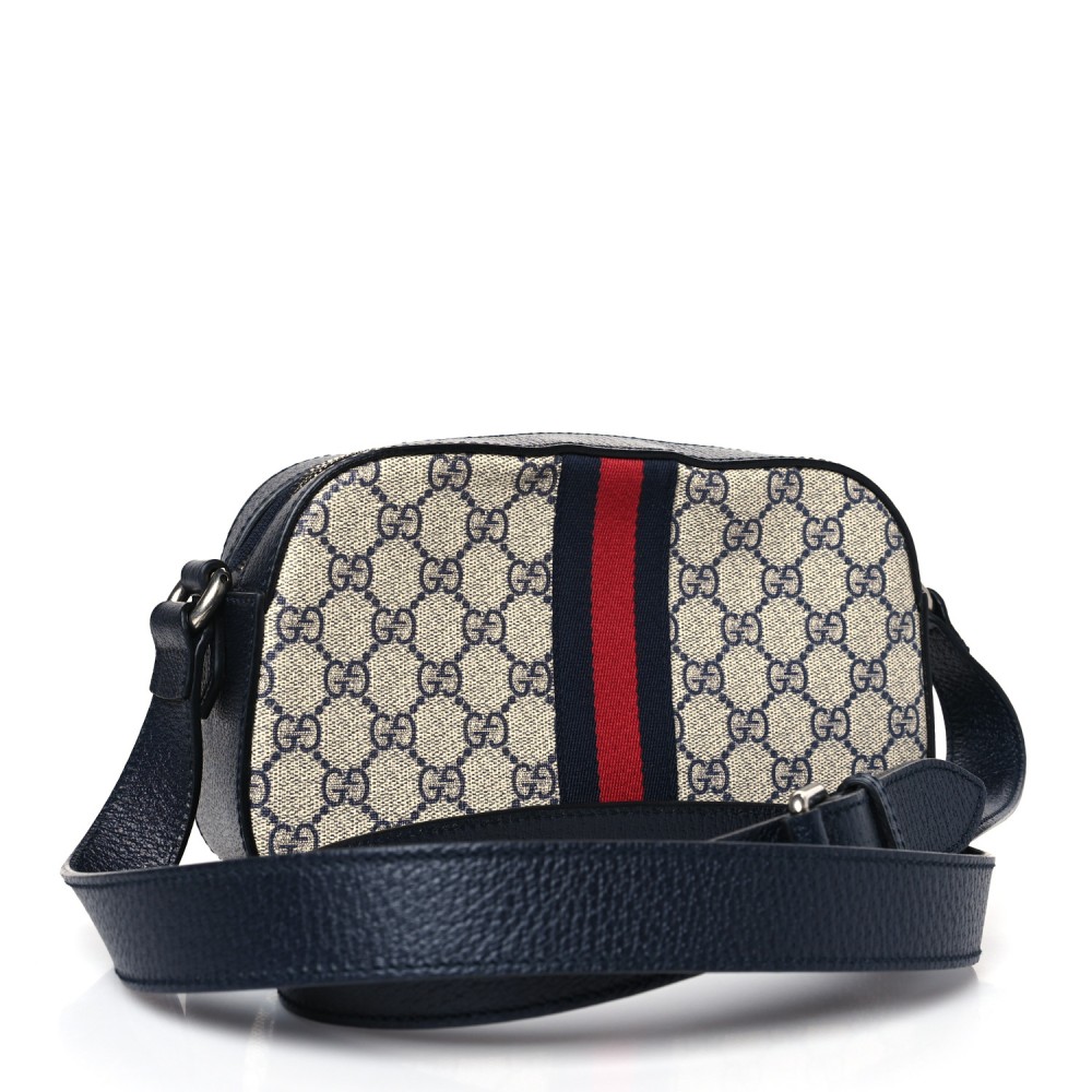 GG Supreme Monogram Textured Dollar Calfskin Web Small Ophidia Camera Bag Beige Blue