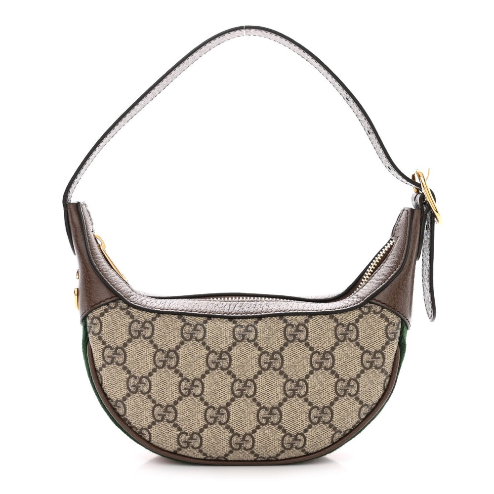 GG Supreme Monogram Textured Calfskin Web Mini Ophidia Half Moon Hobo Beige Ebony New Acero