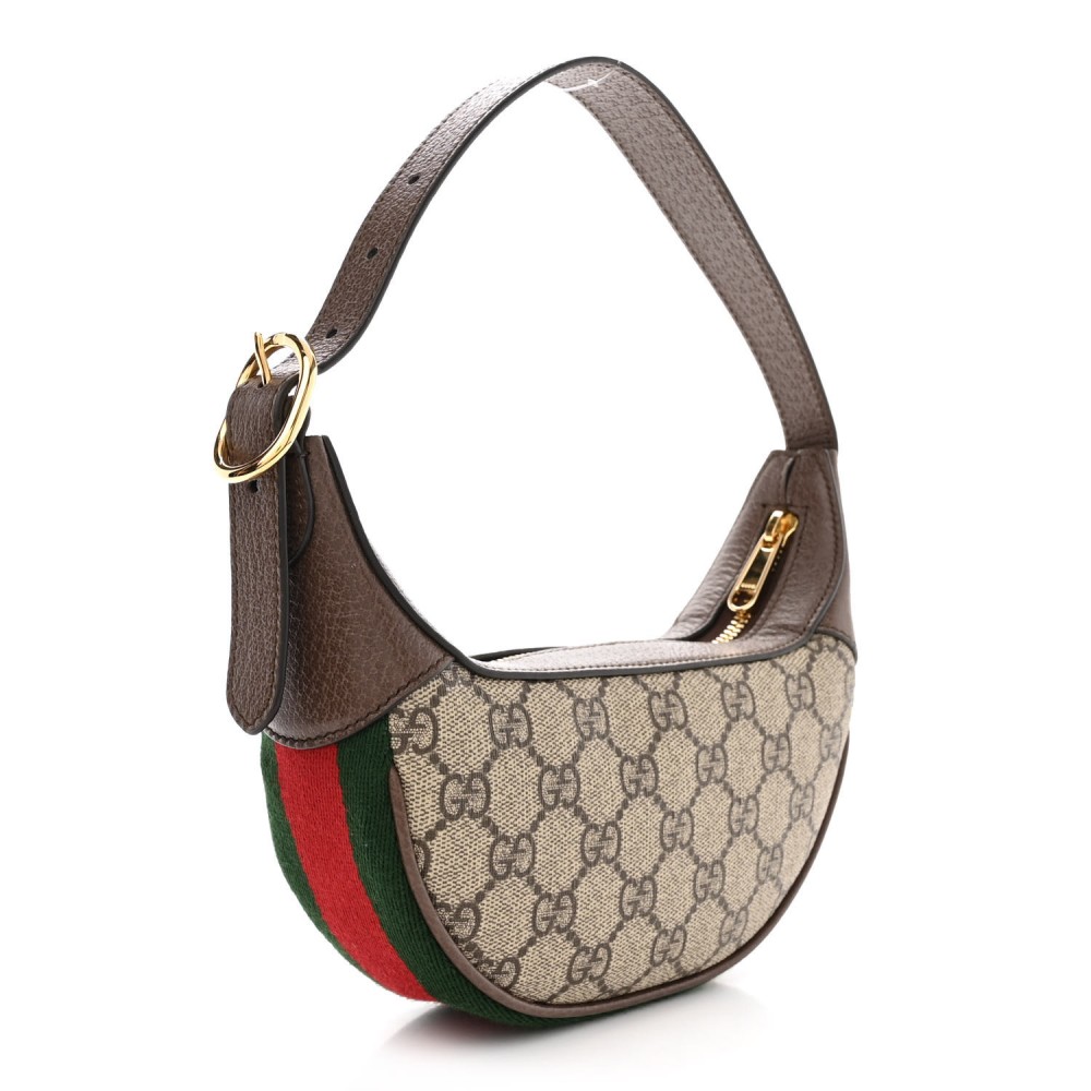 GG Supreme Monogram Textured Calfskin Web Mini Ophidia Half Moon Hobo Beige Ebony New Acero