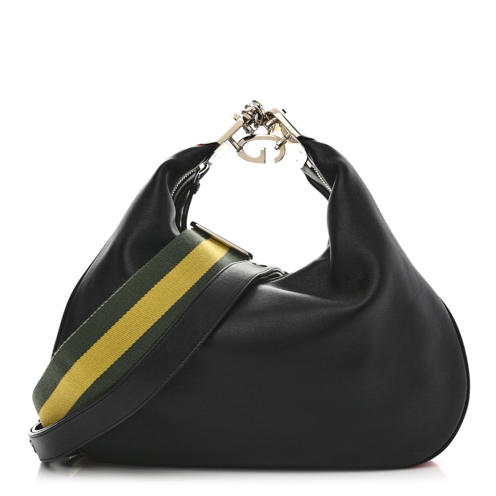 Aria Calfskin Web Large Attache Shoulder Bag Black