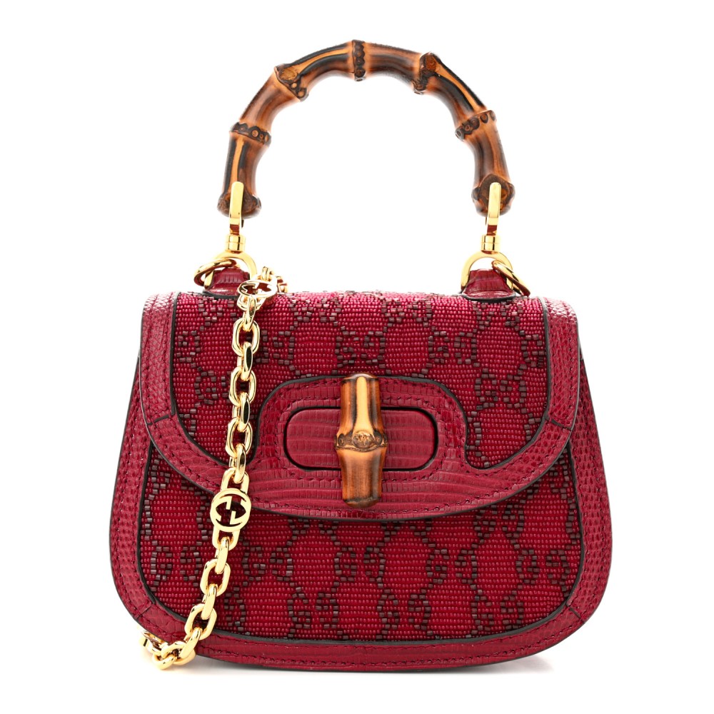 Moire Fabric Calfskin Rhinestone Monogram Monochrome Lizard Embossed Mini Bamboo 1947 Top Handle Chain Bag Red