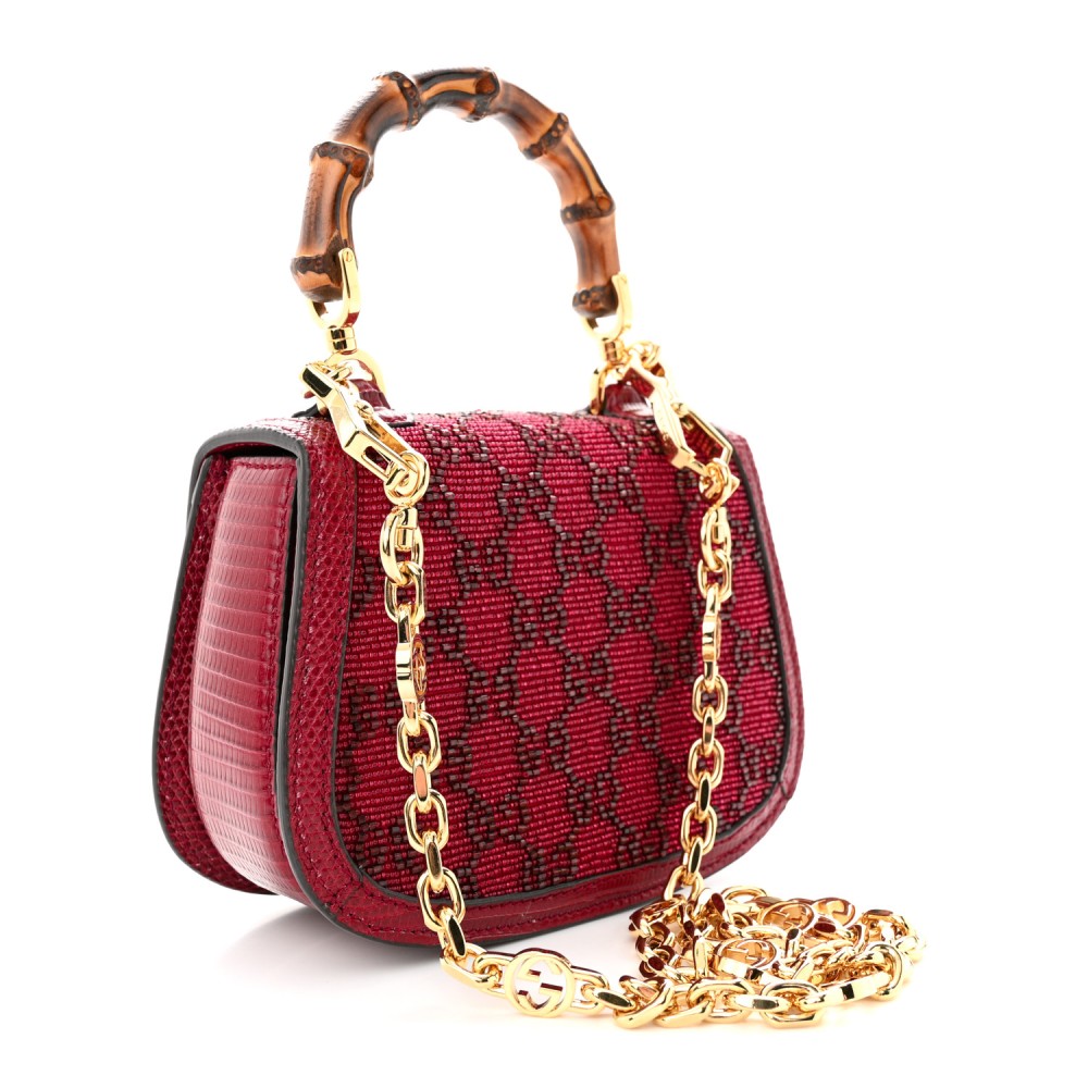 Moire Fabric Calfskin Rhinestone Monogram Monochrome Lizard Embossed Mini Bamboo 1947 Top Handle Chain Bag Red