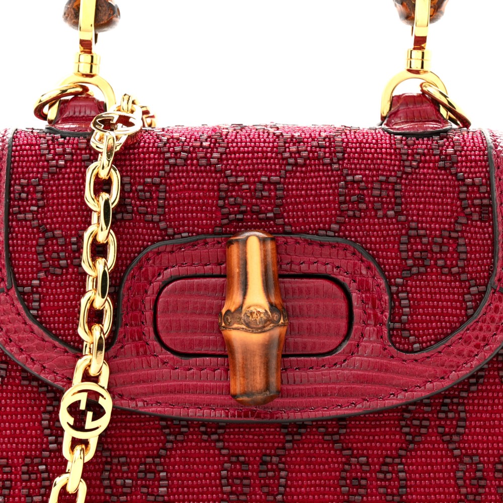 Moire Fabric Calfskin Rhinestone Monogram Monochrome Lizard Embossed Mini Bamboo 1947 Top Handle Chain Bag Red