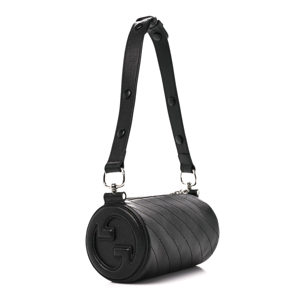 Sakai Be Green Calfskin Diagonal Stitched Mini Blondie Barrel Shoulder Bag Black