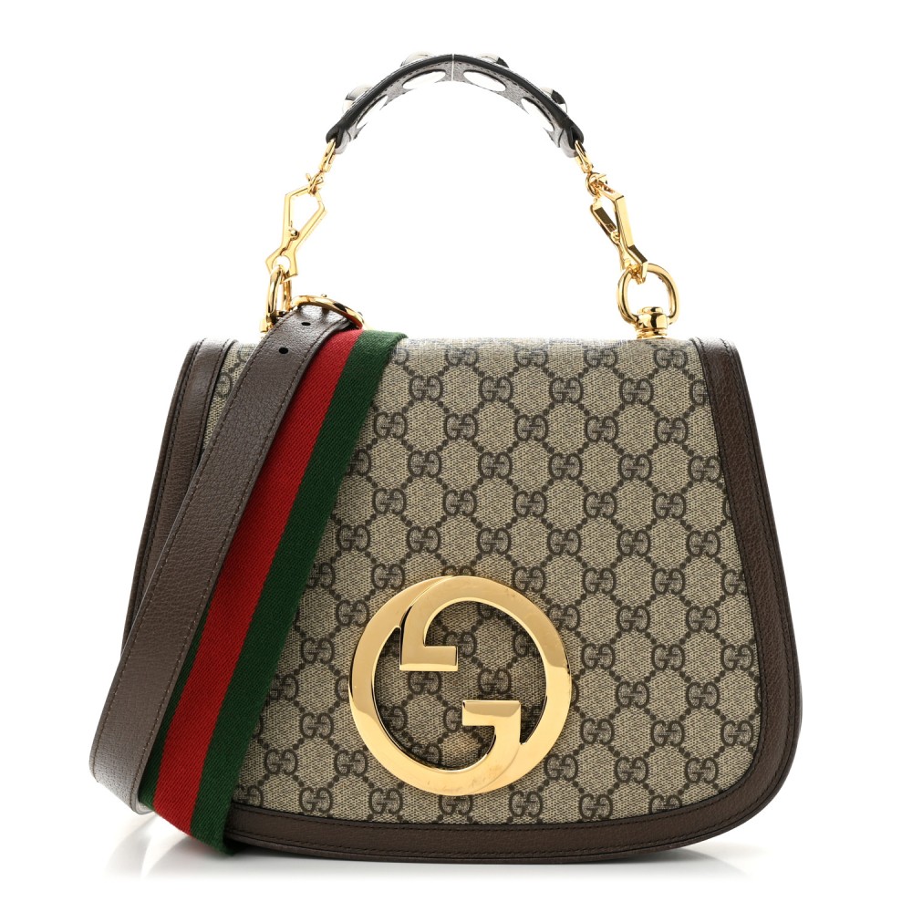 GG Supreme Monogram Textured Dollar Calfskin Web Medium Blondie Top Handle Shoulder Flap Bag Beige Ebony New Acero