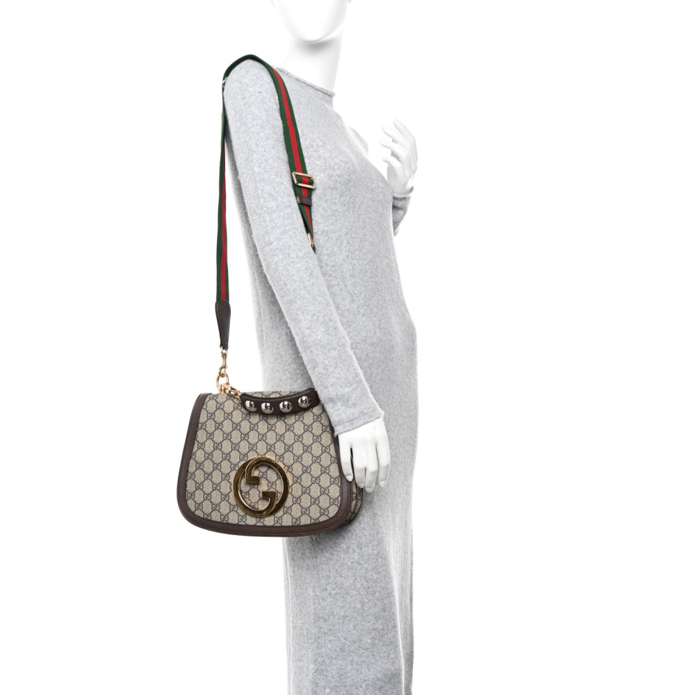 GG Supreme Monogram Textured Dollar Calfskin Web Medium Blondie Top Handle Shoulder Flap Bag Beige Ebony New Acero