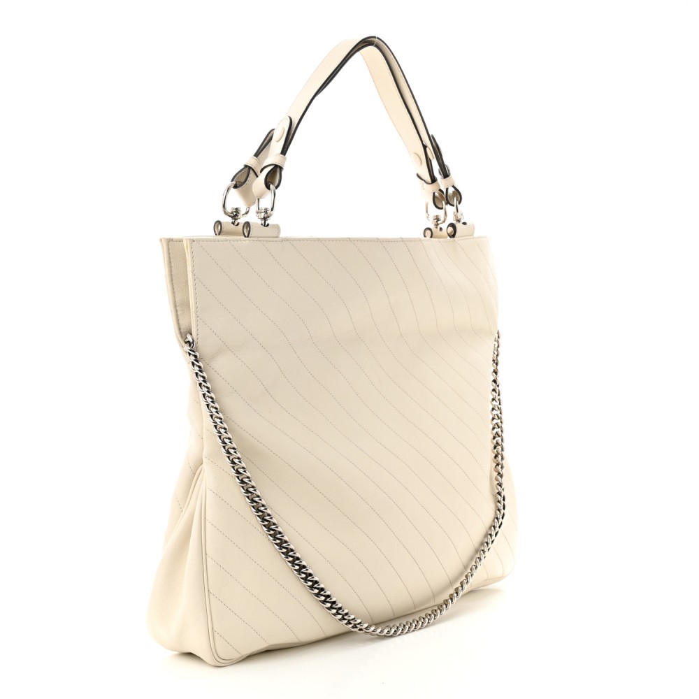 Sakai Be Green Calfskin Diagonal Stitched Medium Blondie Tote Mystic White