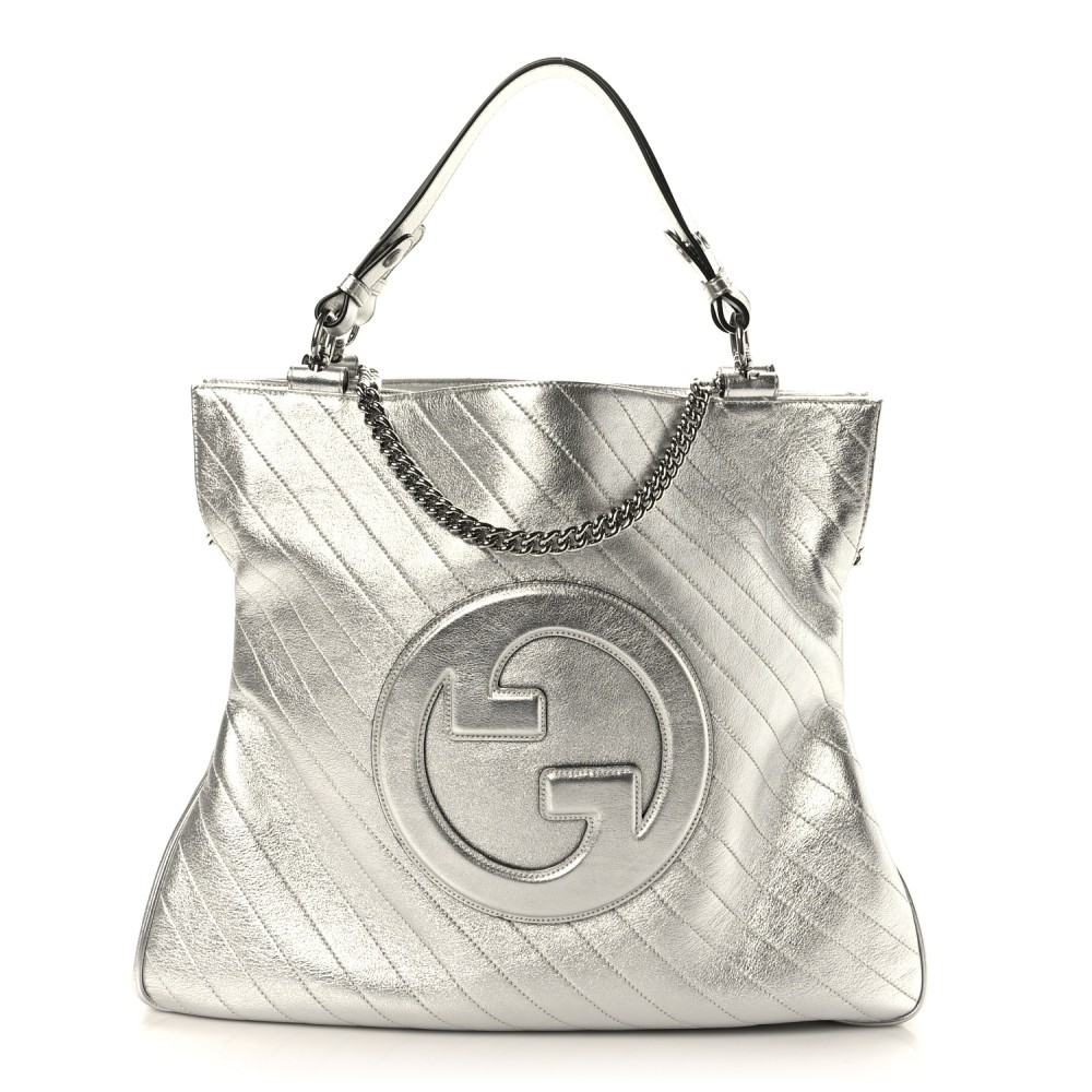 Metallic Sakai Be Green Calfskin Diagonal Stitched Medium Blondie Tote Silver