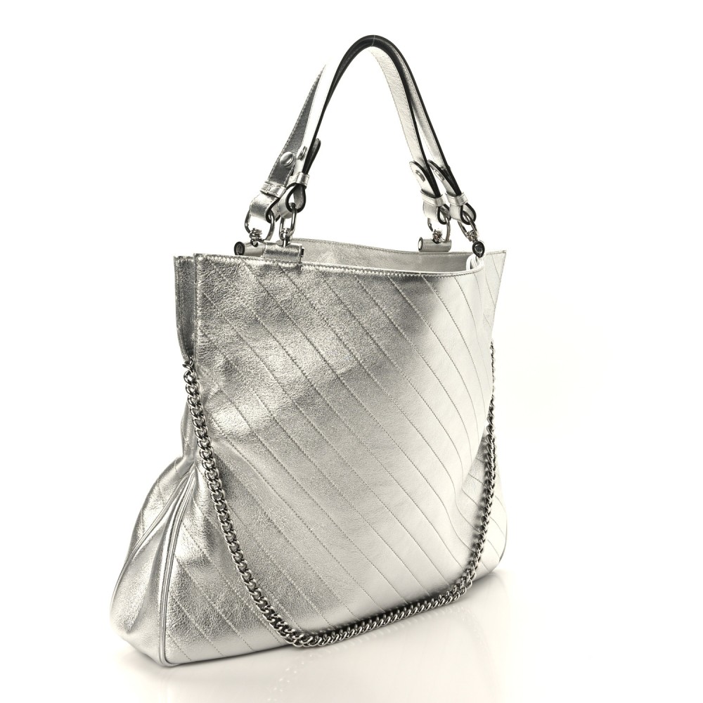 Metallic Sakai Be Green Calfskin Diagonal Stitched Medium Blondie Tote Silver