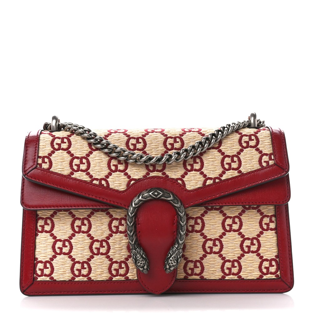 Straw Jacquard Azalea Calfskin GG Monogram Small Dionysus Shoulder Bag Natural New Cherry Red