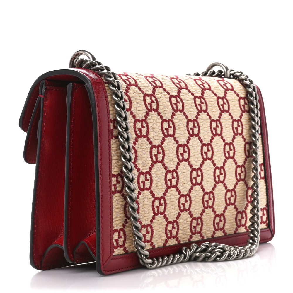 Straw Jacquard Azalea Calfskin GG Monogram Small Dionysus Shoulder Bag Natural New Cherry Red