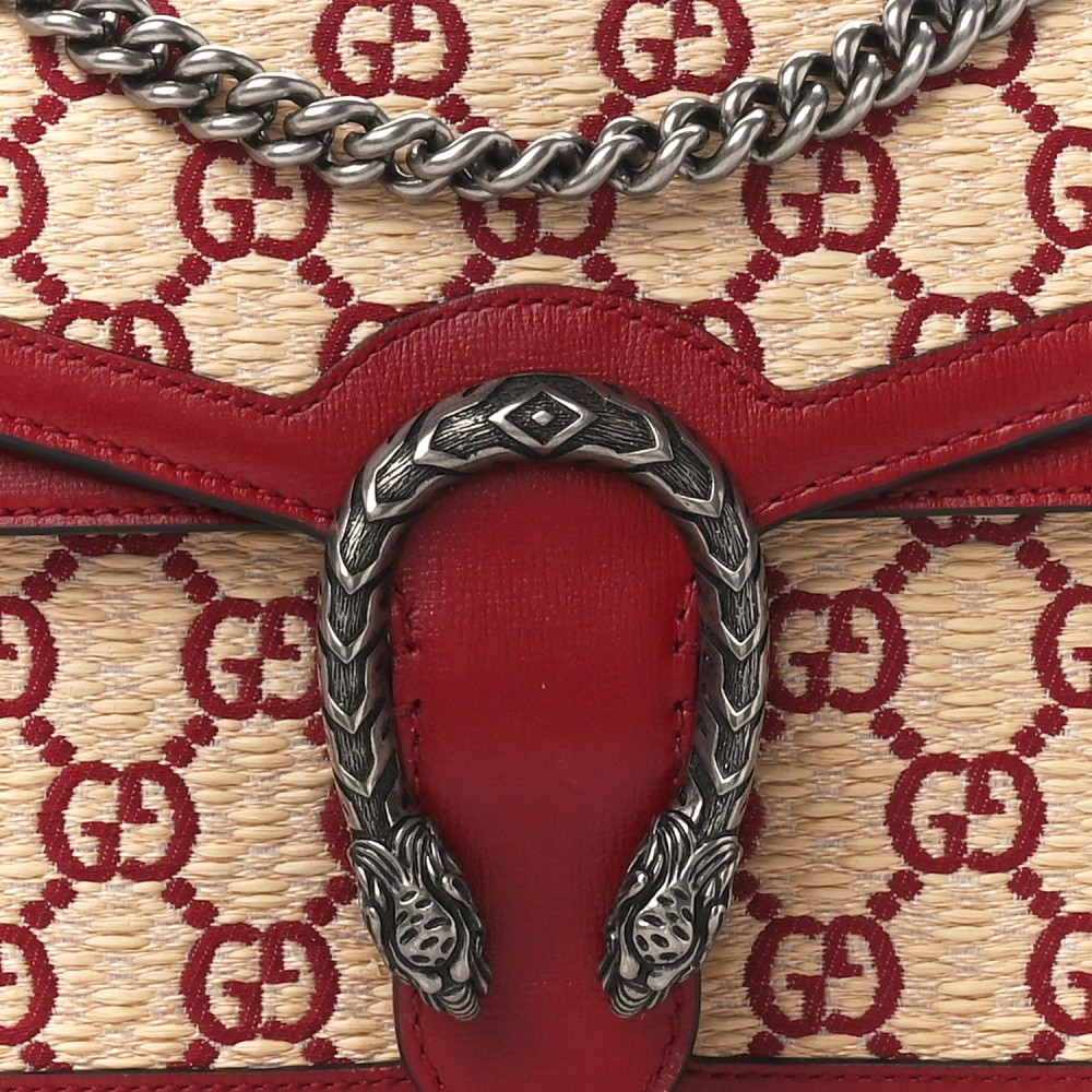 Straw Jacquard Azalea Calfskin GG Monogram Small Dionysus Shoulder Bag Natural New Cherry Red