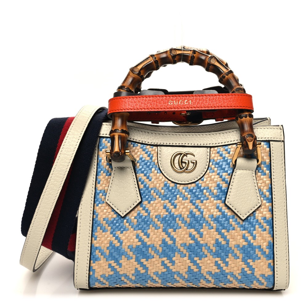 Raffia Textured Dollar Calfskin Web Houndstooth Mini Diana Tote Bag Light Blue Natural Deep Orange