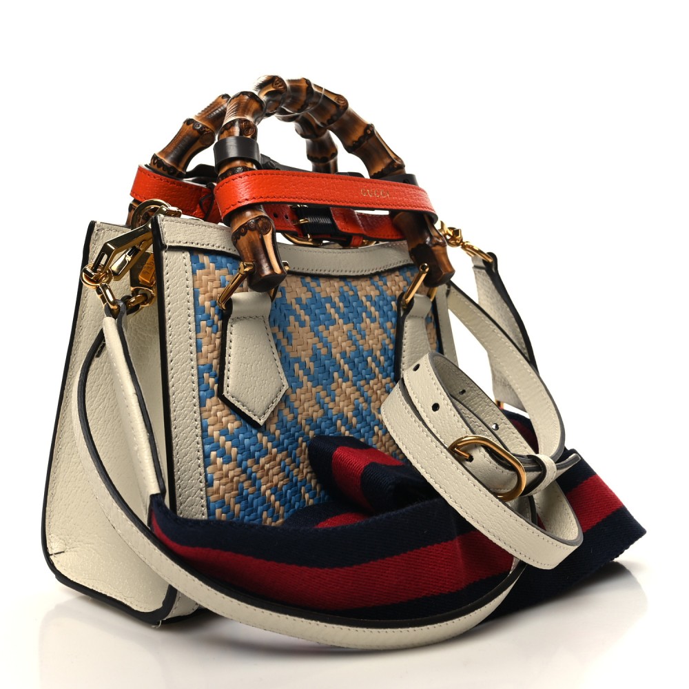 Raffia Textured Dollar Calfskin Web Houndstooth Mini Diana Tote Bag Light Blue Natural Deep Orange