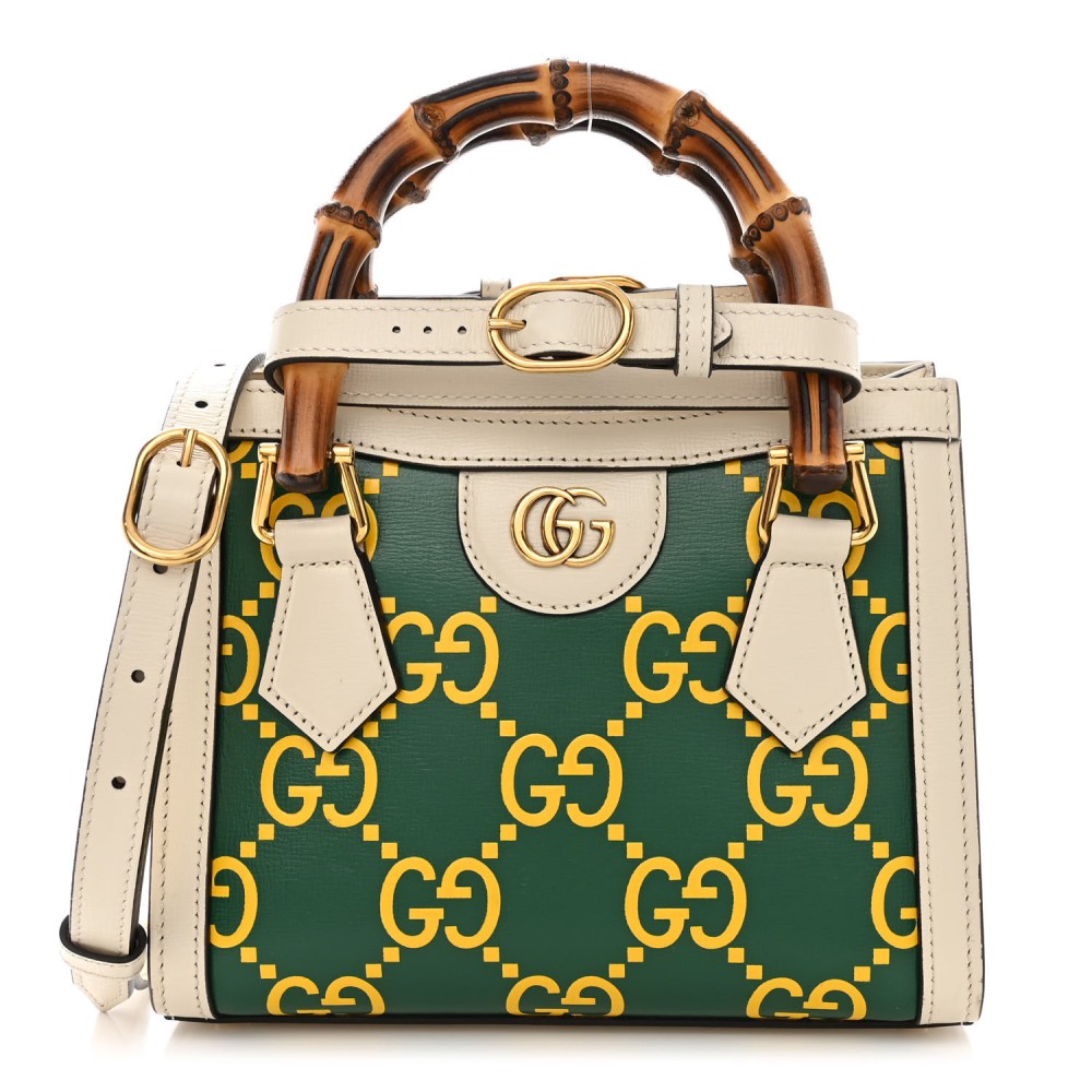 Azalea Calfskin GG Monogram Bi-Color Debossed Mini Diana Tote Bag Emerald Stone Topaz Mystic White