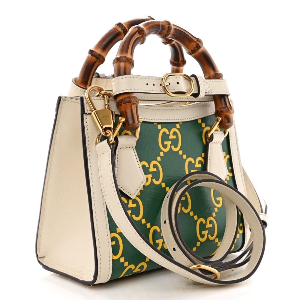 Azalea Calfskin GG Monogram Bi-Color Debossed Mini Diana Tote Bag Emerald Stone Topaz Mystic White