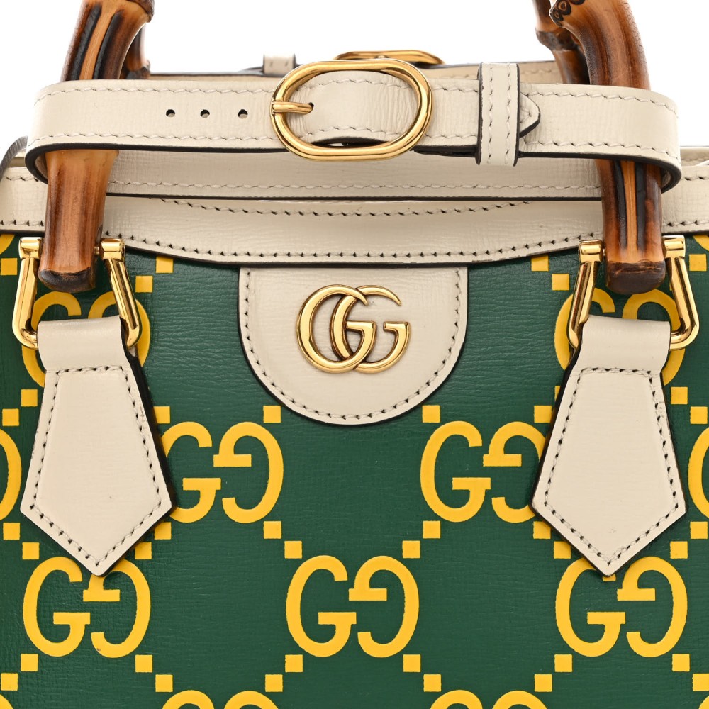 Azalea Calfskin GG Monogram Bi-Color Debossed Mini Diana Tote Bag Emerald Stone Topaz Mystic White