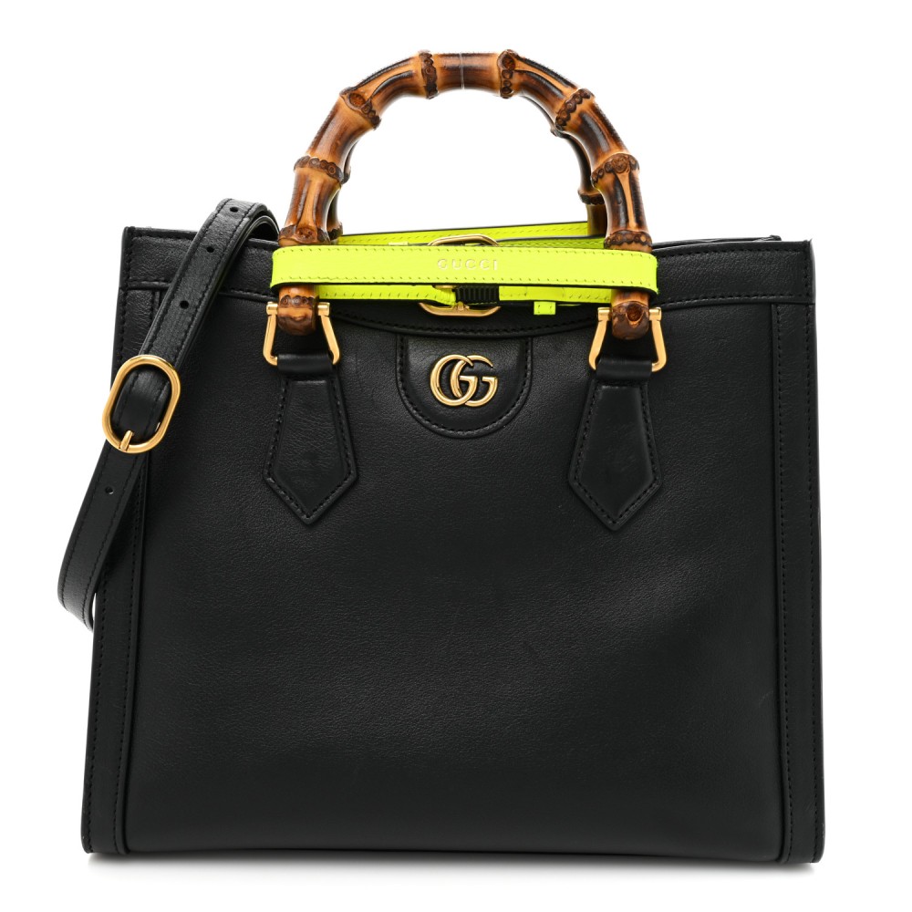 Calfskin Small Diana Tote Bag Black Yellow Fluo