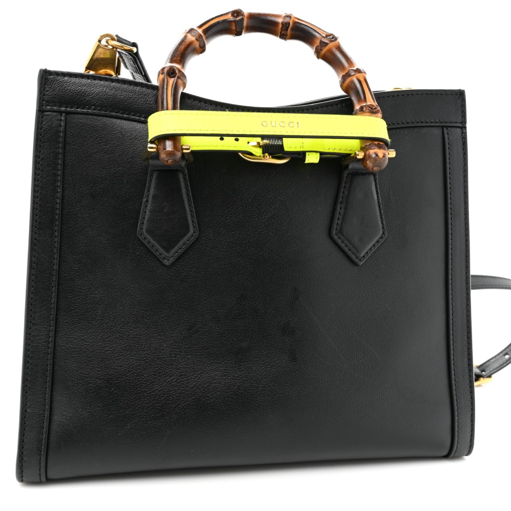 Calfskin Small Diana Tote Bag Black Yellow Fluo