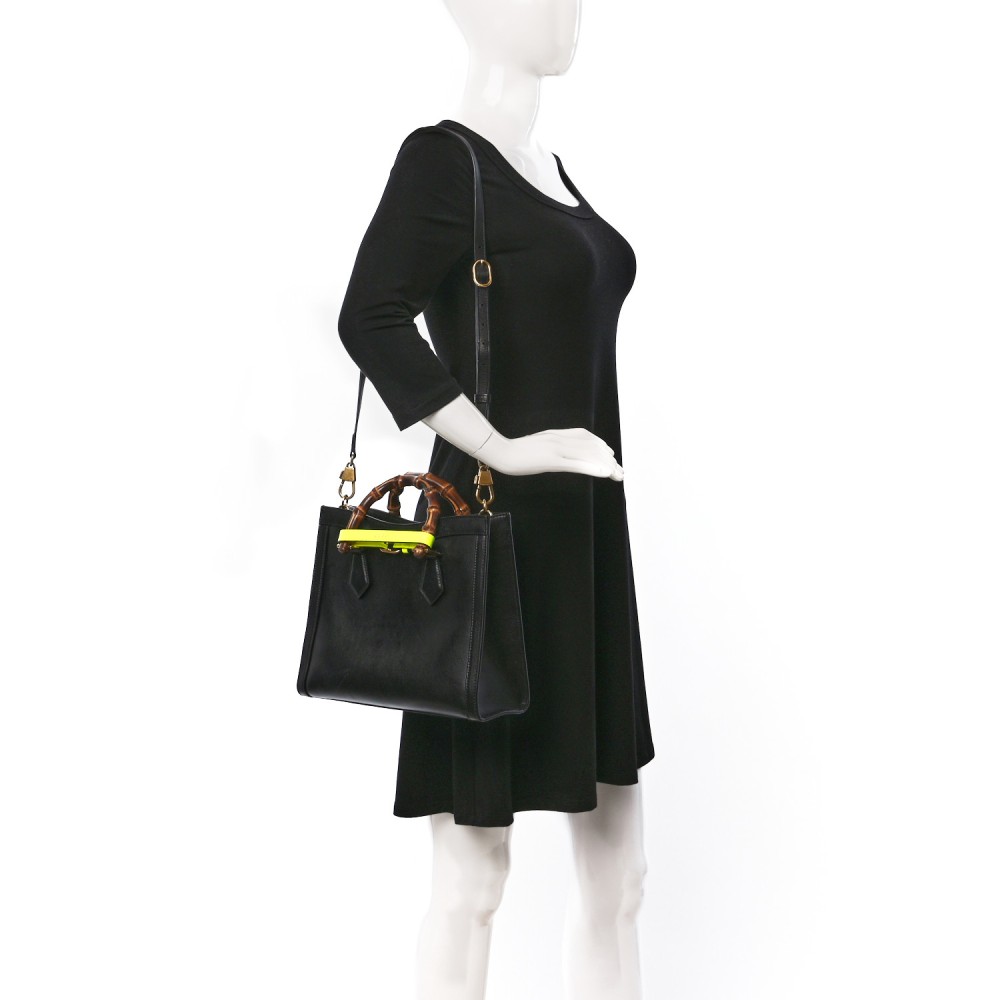 Calfskin Small Diana Tote Bag Black Yellow Fluo