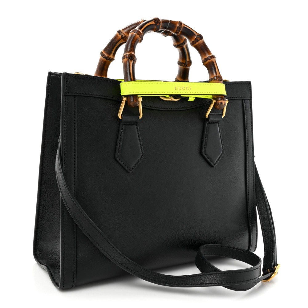 Calfskin Small Diana Tote Bag Black Yellow Fluo