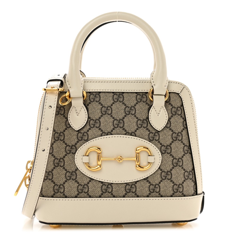 GG Supreme Monogram Azalea Calfskin Mini Horsebit 1955 Top Handle Bag Beige Ebony Mystic White