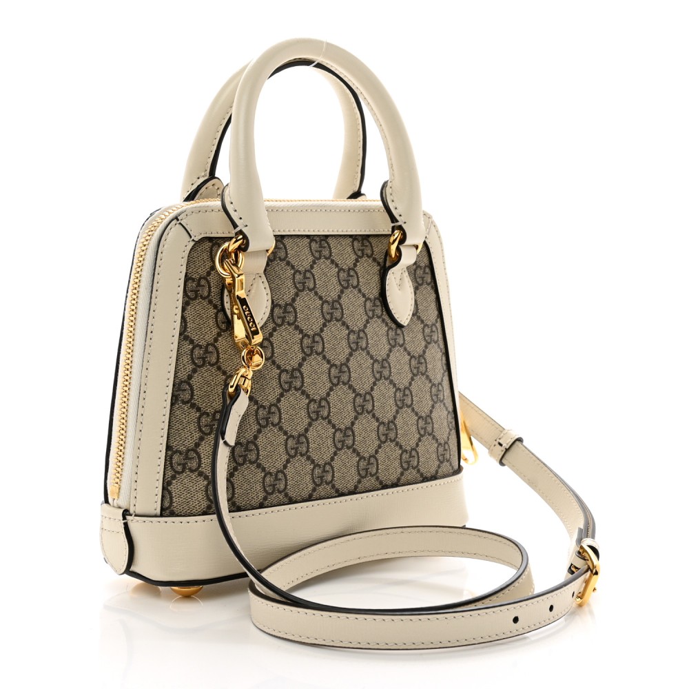 GG Supreme Monogram Azalea Calfskin Mini Horsebit 1955 Top Handle Bag Beige Ebony Mystic White