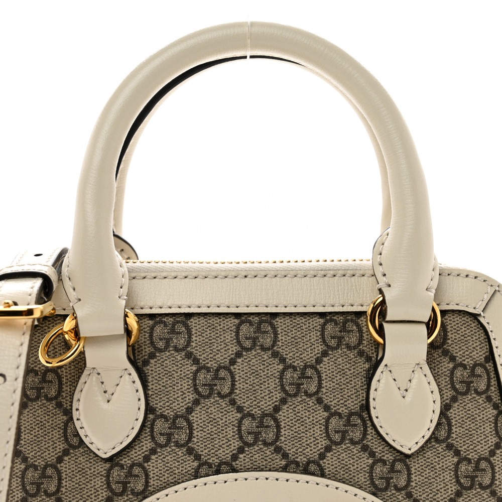 GG Supreme Monogram Azalea Calfskin Mini Horsebit 1955 Top Handle Bag Beige Ebony Mystic White