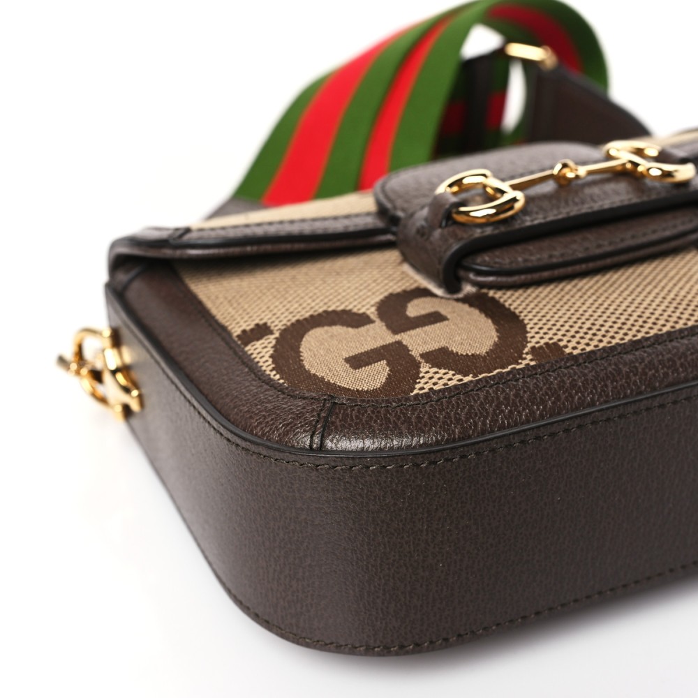 Monogram Jumbo GG Textured Dollar Calfskin Web Mini Horsebit 1955 Shoulder Bag Camel Ebony New Acero