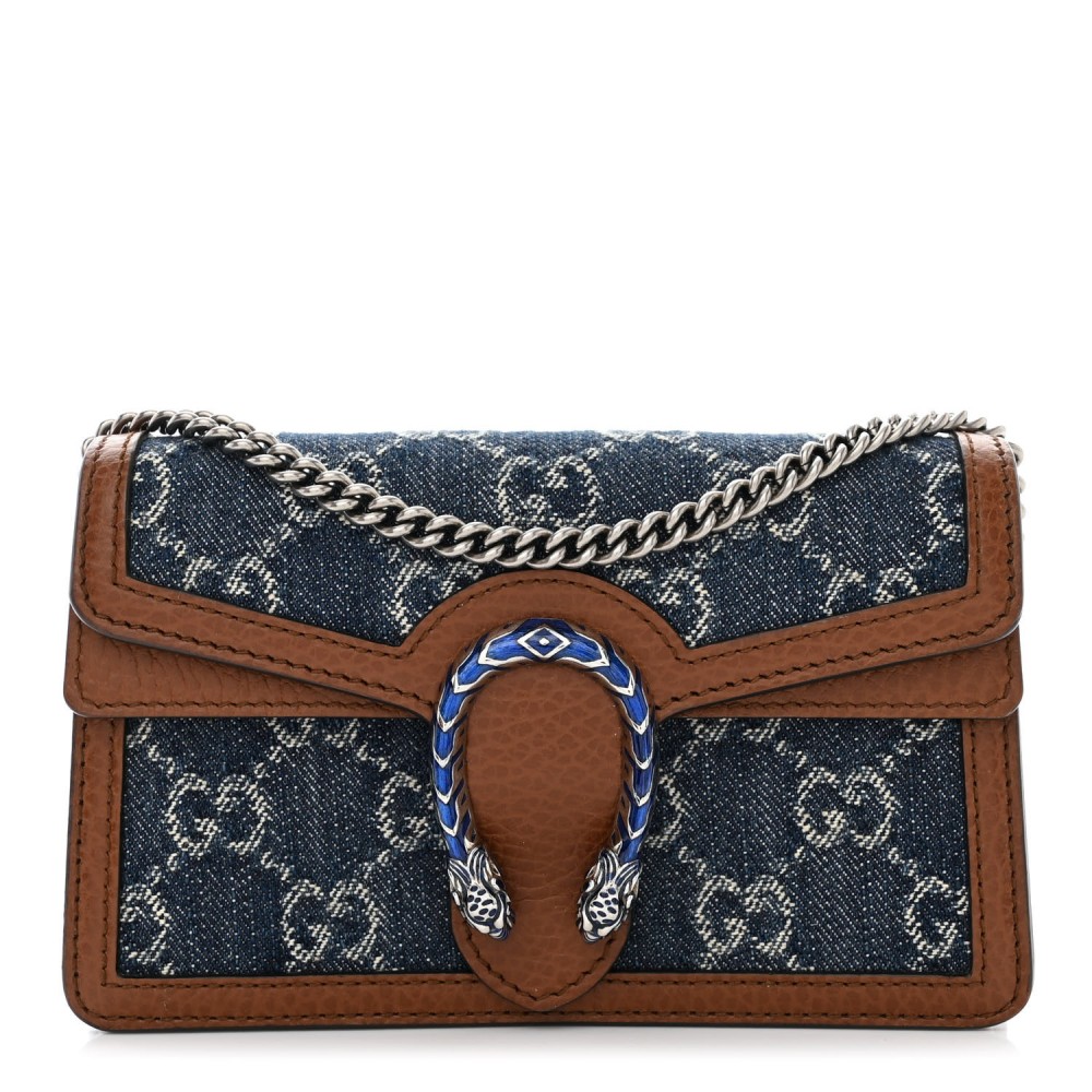 New Denim GG Monogram Dollar Calfskin Enamel Super Mini Dionysus Shoulder Bag Blue Tea Cuir Epilog Electric Blue