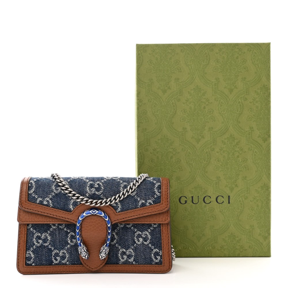 New Denim GG Monogram Dollar Calfskin Enamel Super Mini Dionysus Shoulder Bag Blue Tea Cuir Epilog Electric Blue