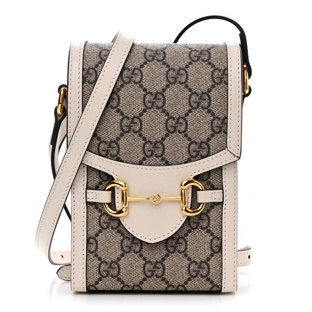 GG Supreme Monogram Azalea Calfskin Mini Horsebit 1955 Crossbody Bag Beige Ebony Mystic White