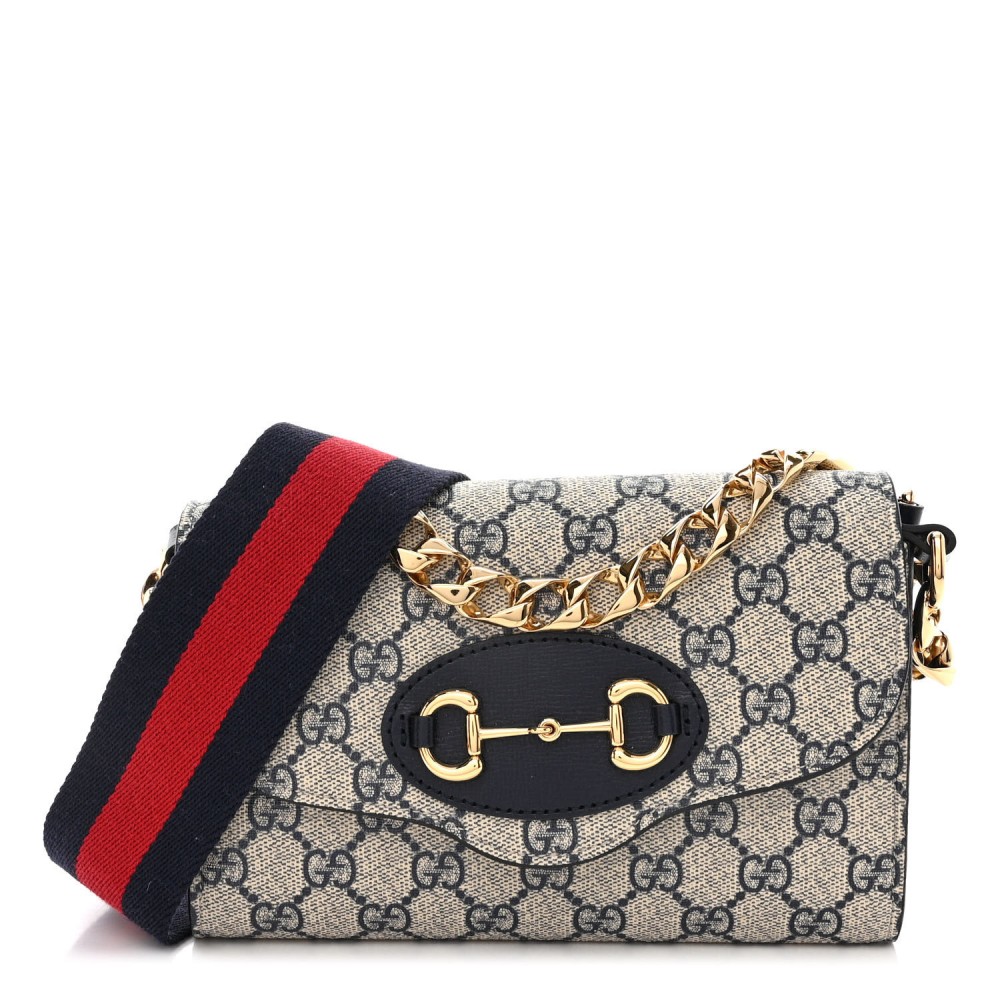 GG Supreme Monogram Azalea Calfskin Web Mini Horsebit 1955 Chain Shoulder Bag Beige Blue