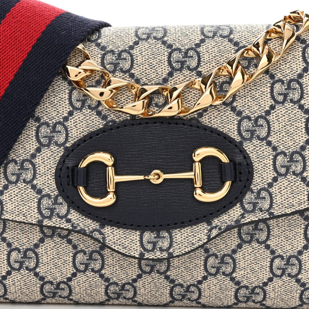 GG Supreme Monogram Azalea Calfskin Web Mini Horsebit 1955 Chain Shoulder Bag Beige Blue