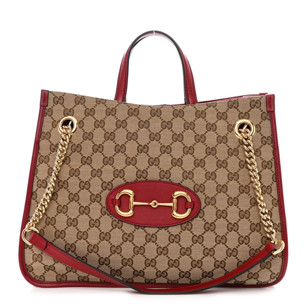 Monogram New Sakai Calfskin Lux Medium Horsebit 1955 Tote Bag Beige Ebony New Cherry Red