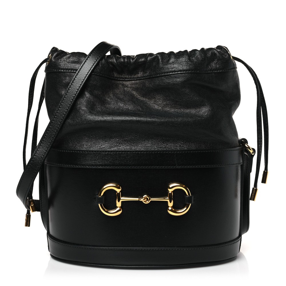 Azalea Sakai Calfskin Horsebit 1955 Drawstring Bucket Bag Black