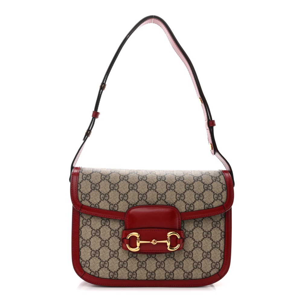 GG Supreme Monogram Azalea Calfskin Horsebit 1955 Shoulder Bag Beige Ebony New Cherry Red