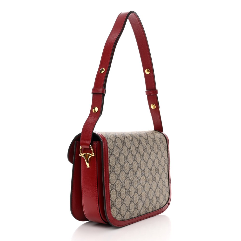 GG Supreme Monogram Azalea Calfskin Horsebit 1955 Shoulder Bag Beige Ebony New Cherry Red