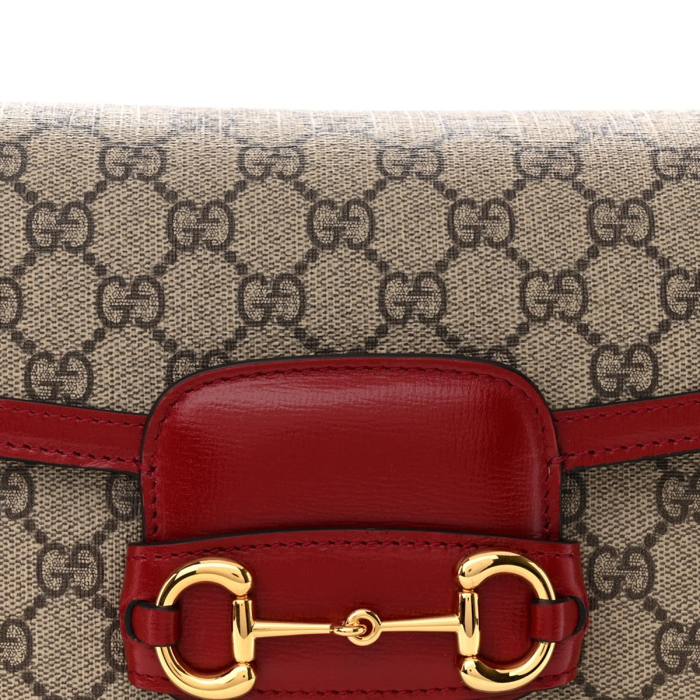 GG Supreme Monogram Azalea Calfskin Horsebit 1955 Shoulder Bag Beige Ebony New Cherry Red